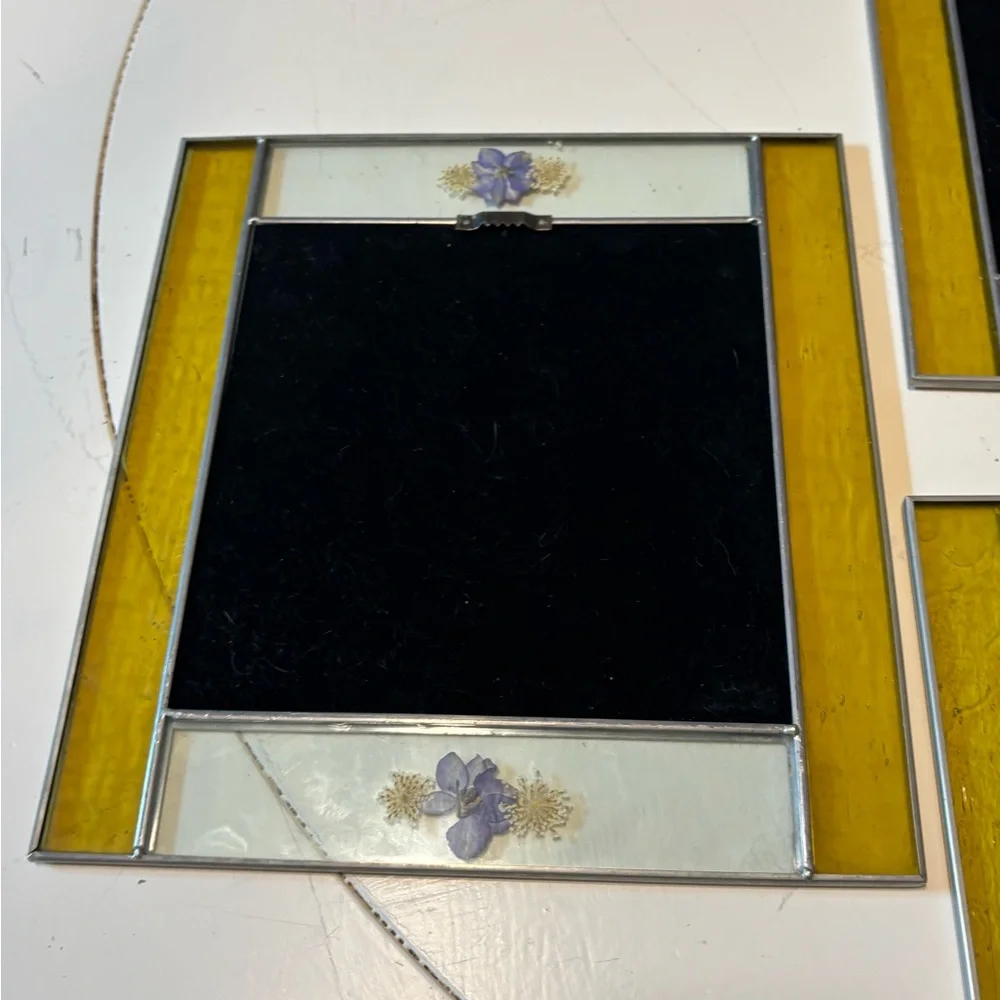 Elegant vintage Yellow and pressed flower Wall Mirror Set. Rare find!